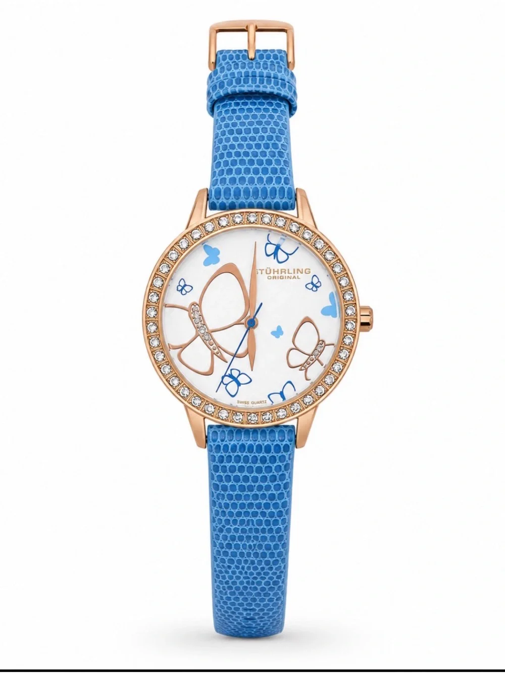 Stuhrling Original Blue Leather Strap Watch with Rose Gold Buckle